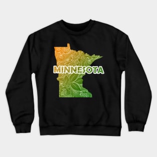 Colorful mandala art map of Minnesota with text in green and orange Crewneck Sweatshirt